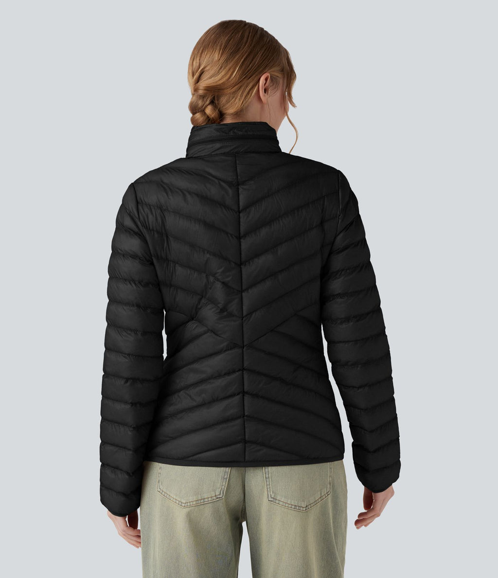 Veste casual compactable en duvet synthétique zippée à col montant et manches longues avec poches