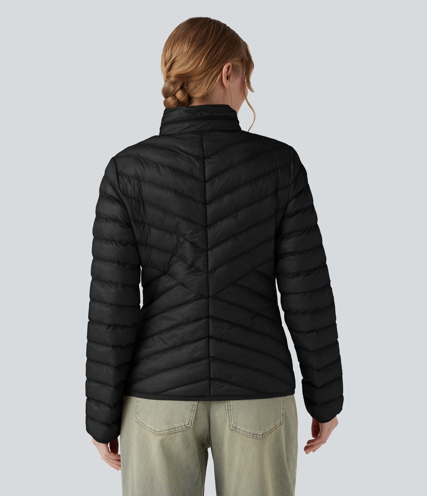 Veste casual compactable en duvet synthétique zippée à col montant et manches longues avec poches