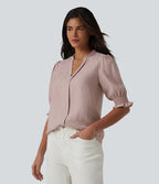 Blouse décontractée à col en V et manches courtes bouffantes