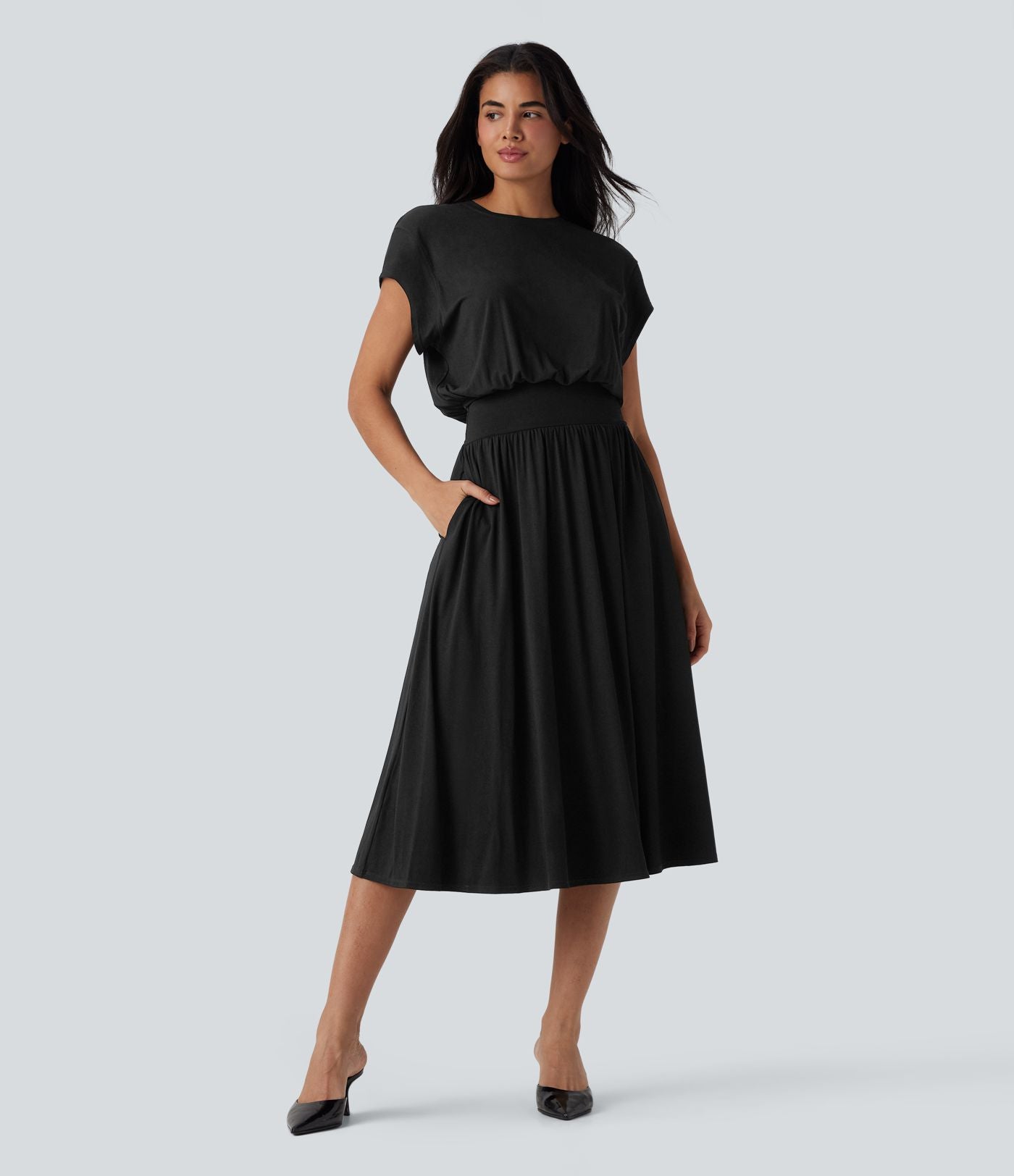 Robe de travail mi-longue fluide gainante à manches chauve-souris avec poches