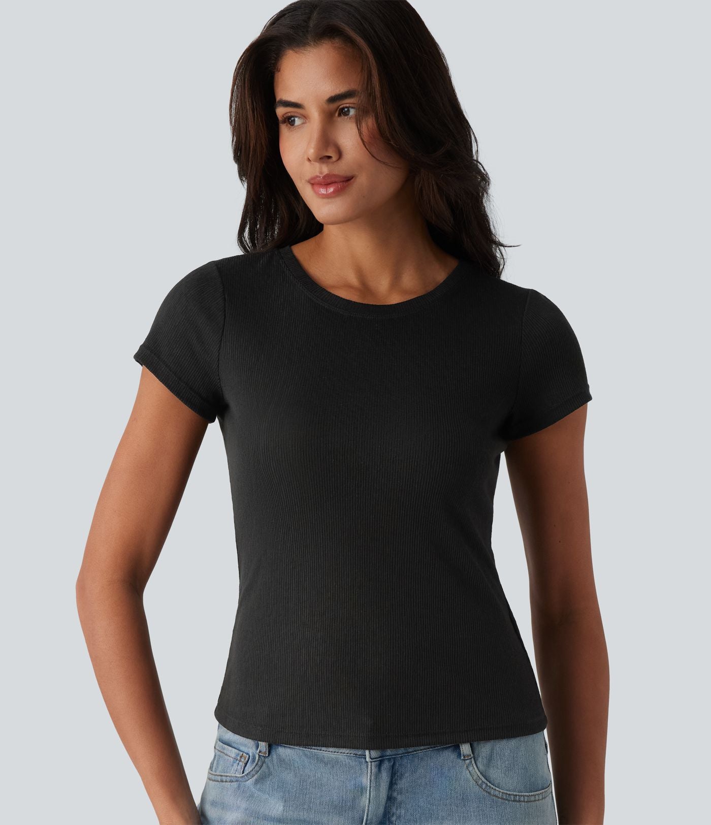 T-shirt casual semi-transparent côtelé maille col rond manches courtes