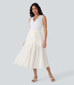 Jupe Casual Évasée Mesh Mi-Longue Fuide 2 en 1 Contrastée Taille Haute Cordon Poche Latérale