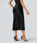 Jupe de midi sirène en satin taille haute avec fermeture éclair invisible