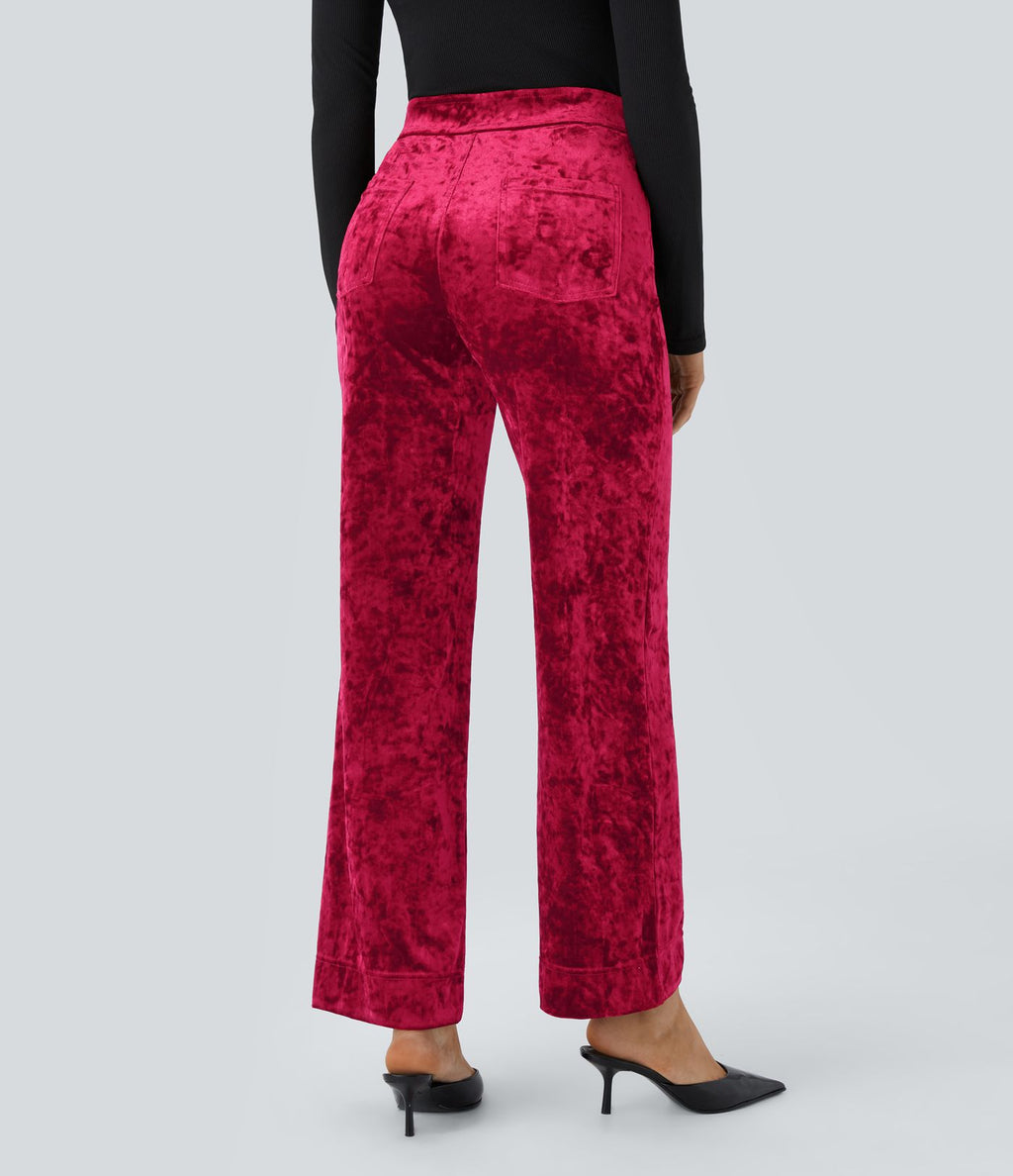 Pantalon Casual en Velours Taille Haute avec Bouton Multipoches Droites
