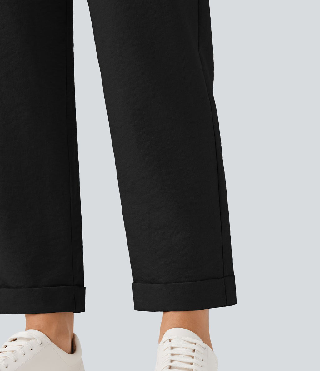 Pantalon décontracté fuselé effet lin taille haute infroissable avec cordon et poches