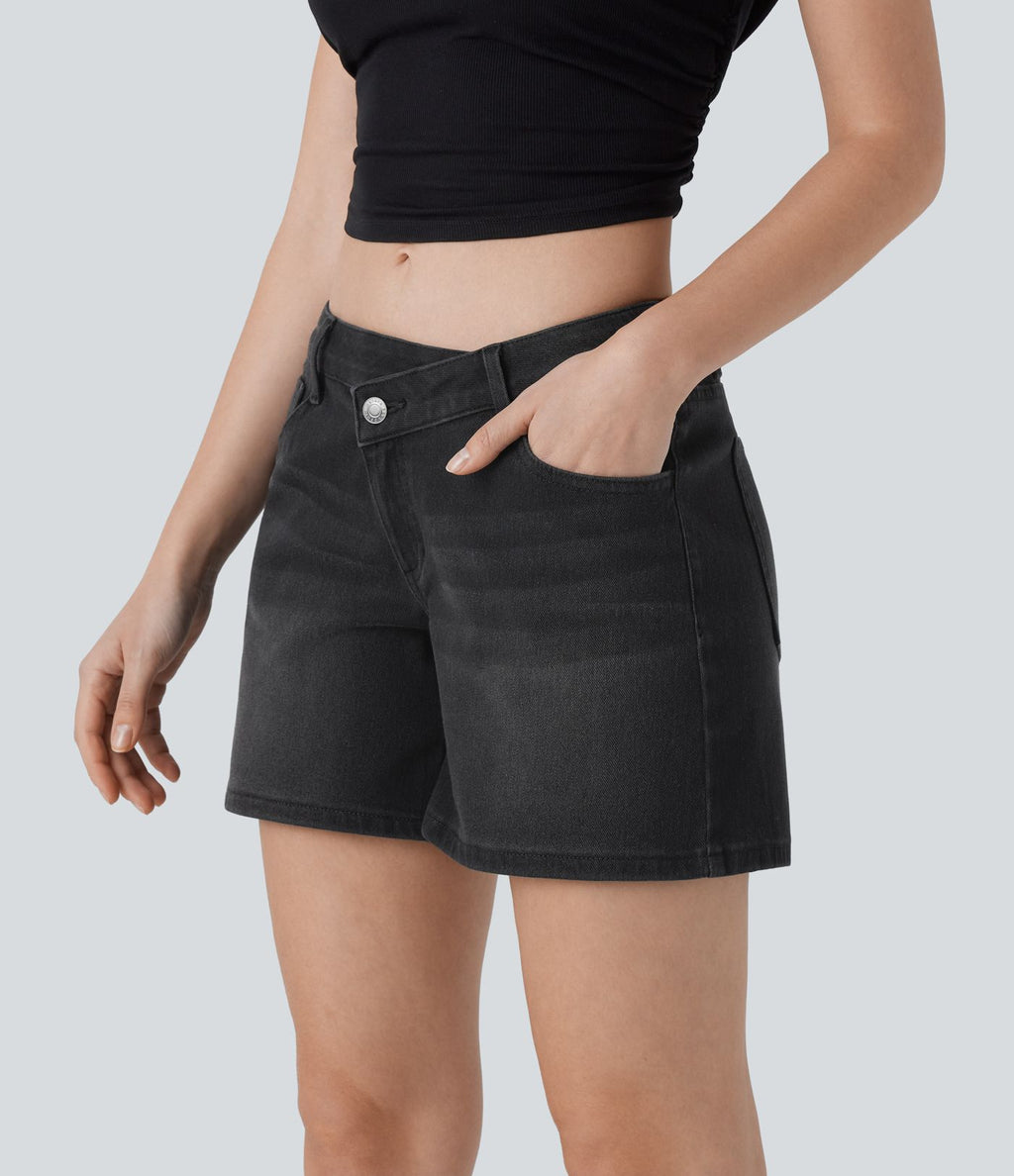Short asymétrique en jean délavé Halara Flex™ taille basse à poches multiples