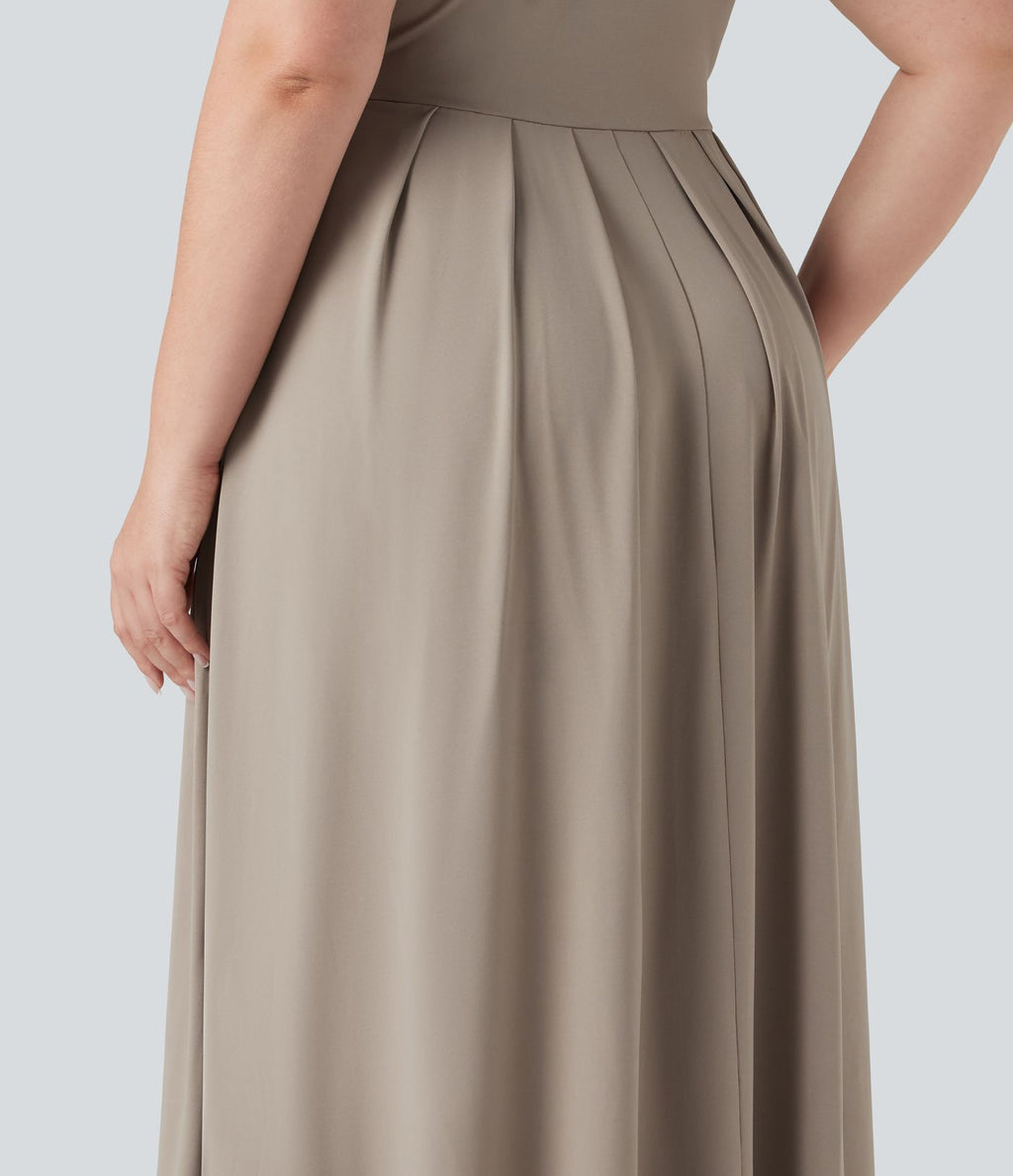 Robe longue évasée décontractée grande taille col officier manches courtes avec poches