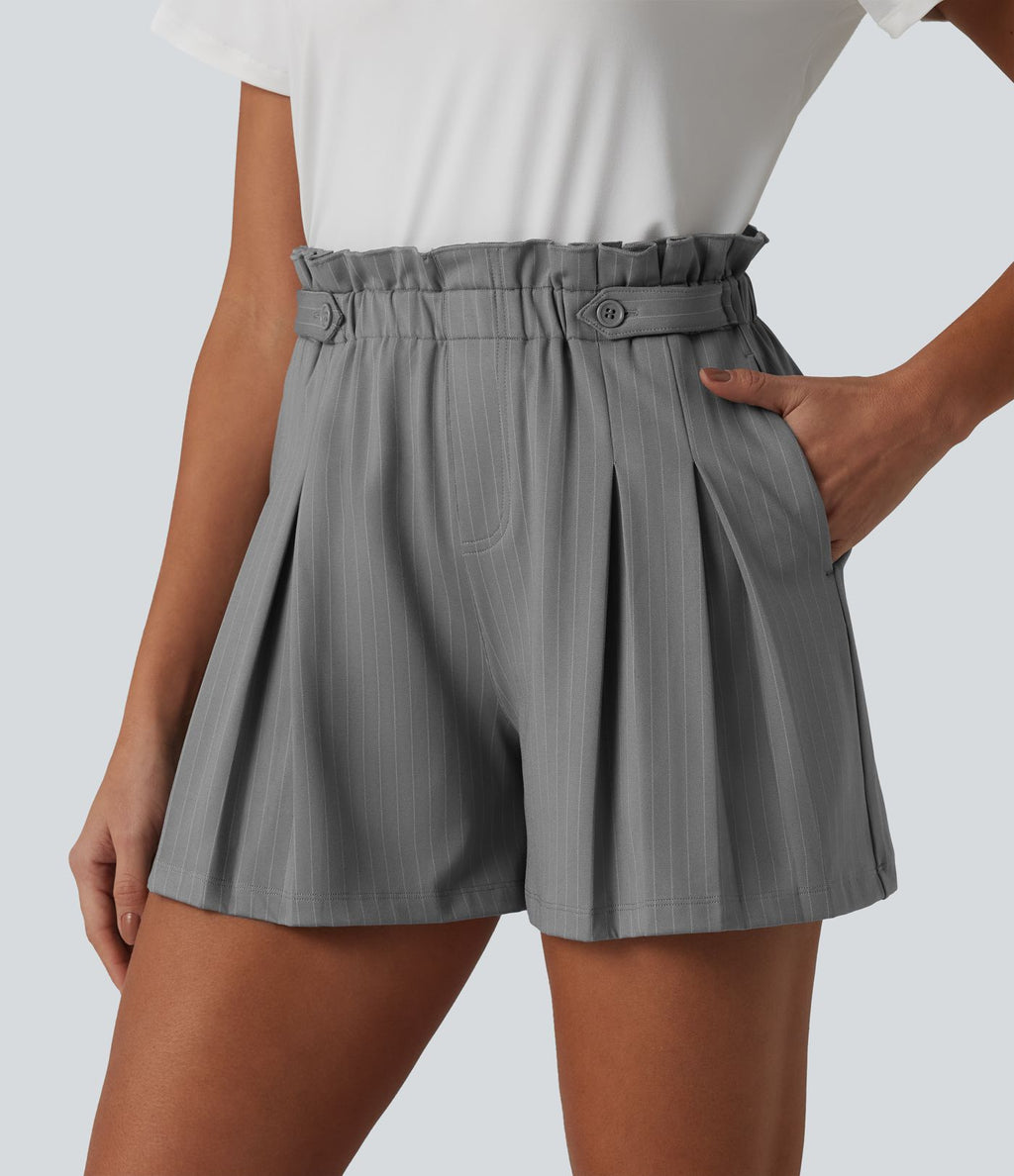 Short plissé taille haute à rayures avec volants et poches – 10 cm