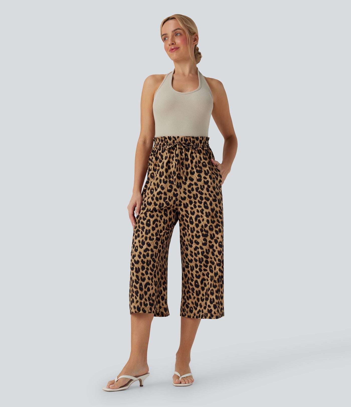 Pantalon corsaire décontracté taille haute jambes larges à imprimé léopard avec cordon de serrage et poches latérales