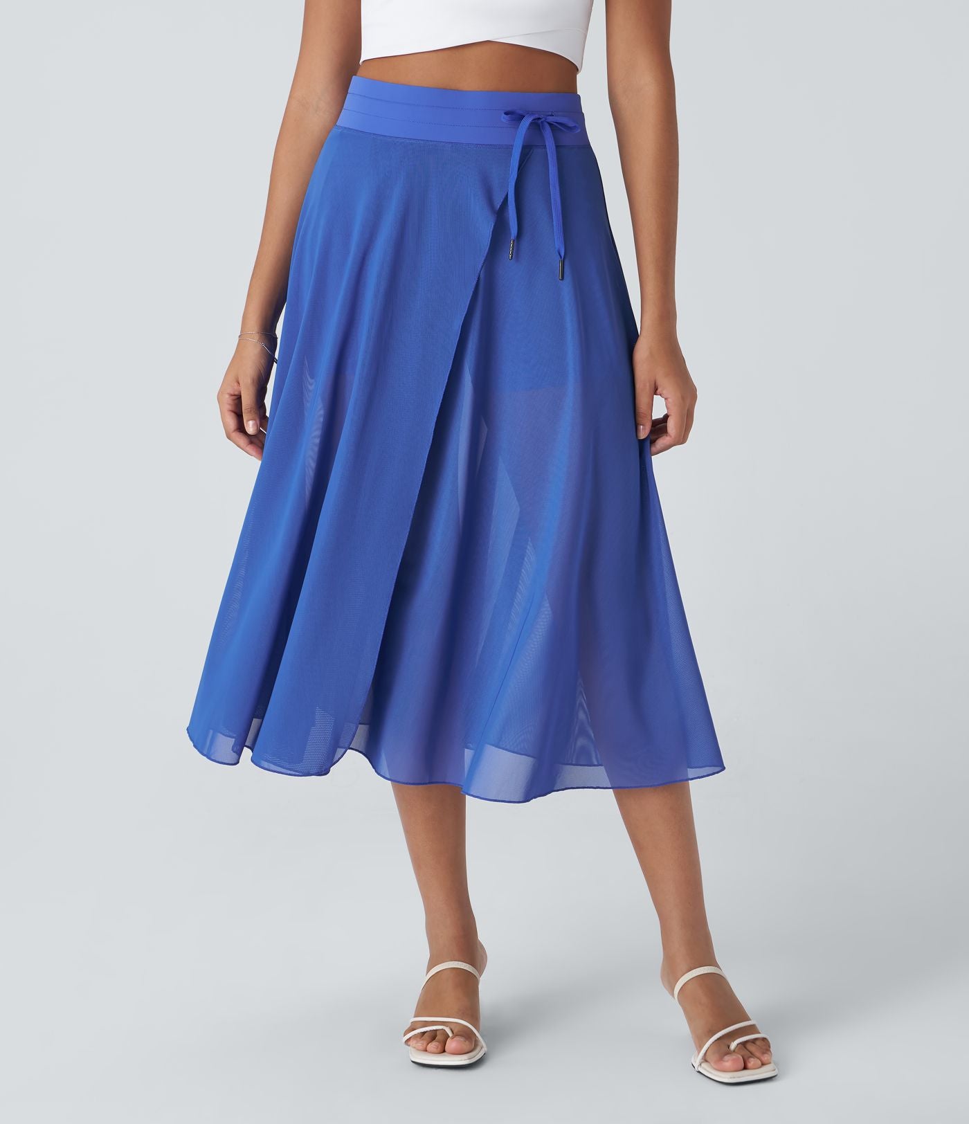 Jupe Casual Évasée Mesh Mi-Longue Fuide 2 en 1 Contrastée Taille Haute Cordon Poche Latérale