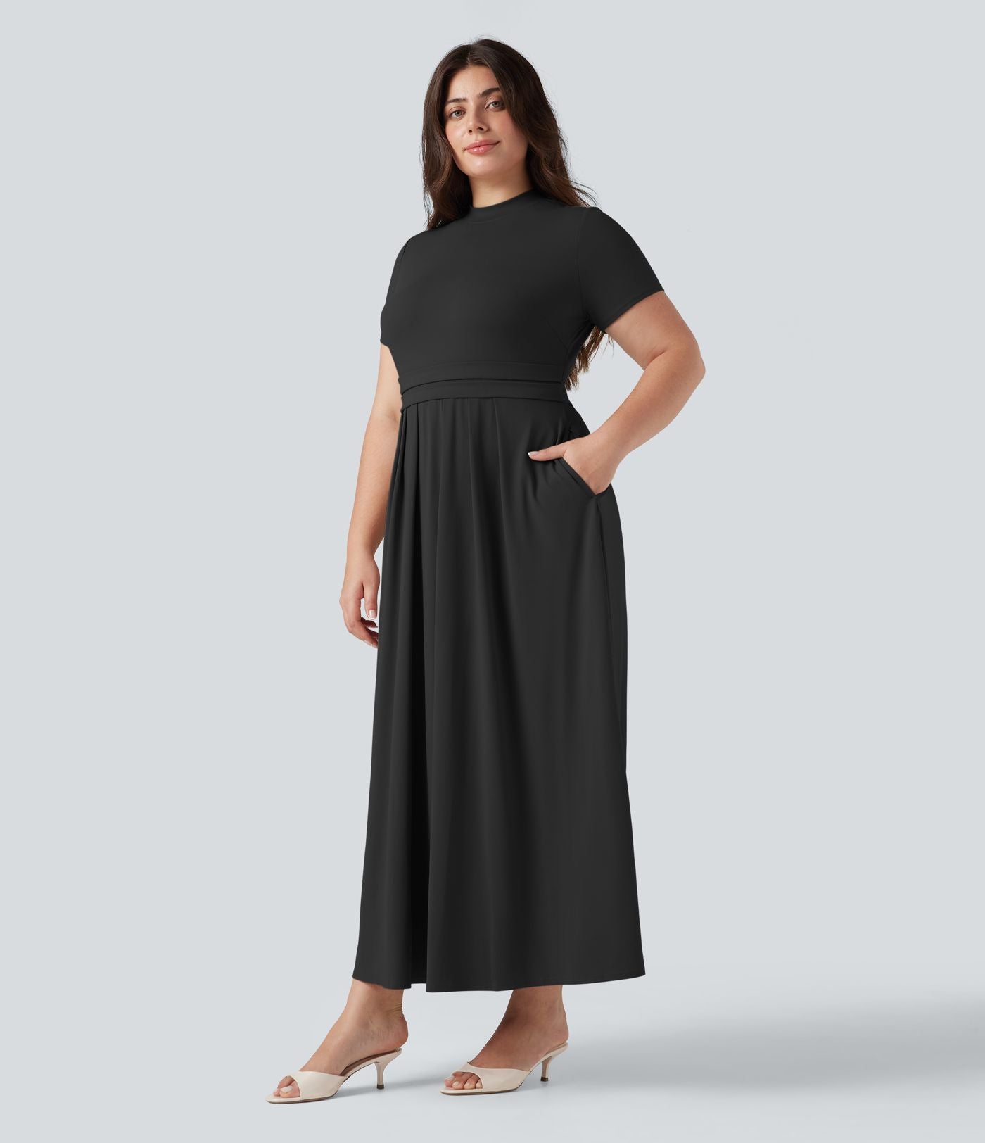 Robe longue évasée décontractée grande taille col officier manches courtes avec poches