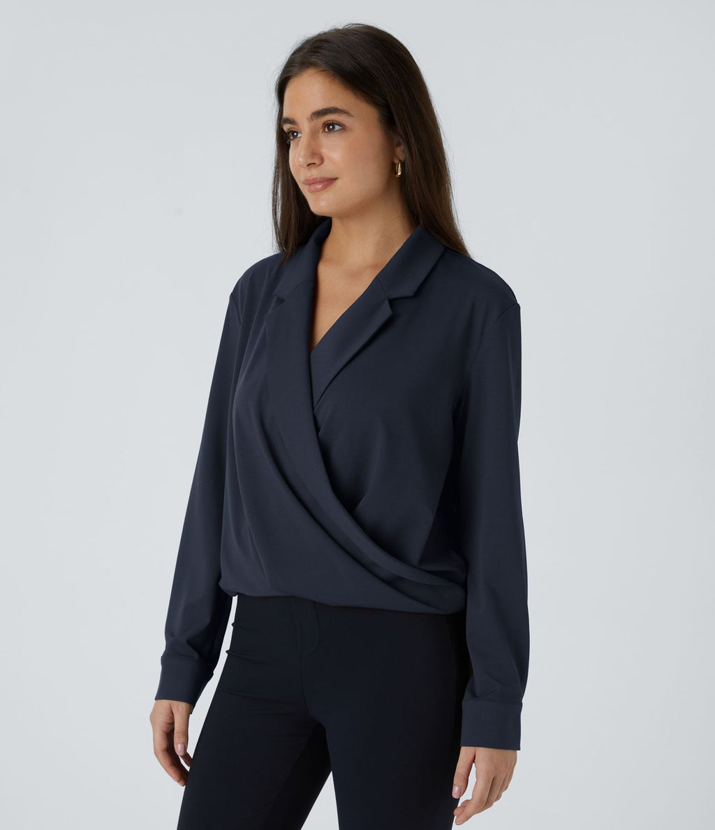 Chemise de travail à col cranté, coupe croisée et manches longues