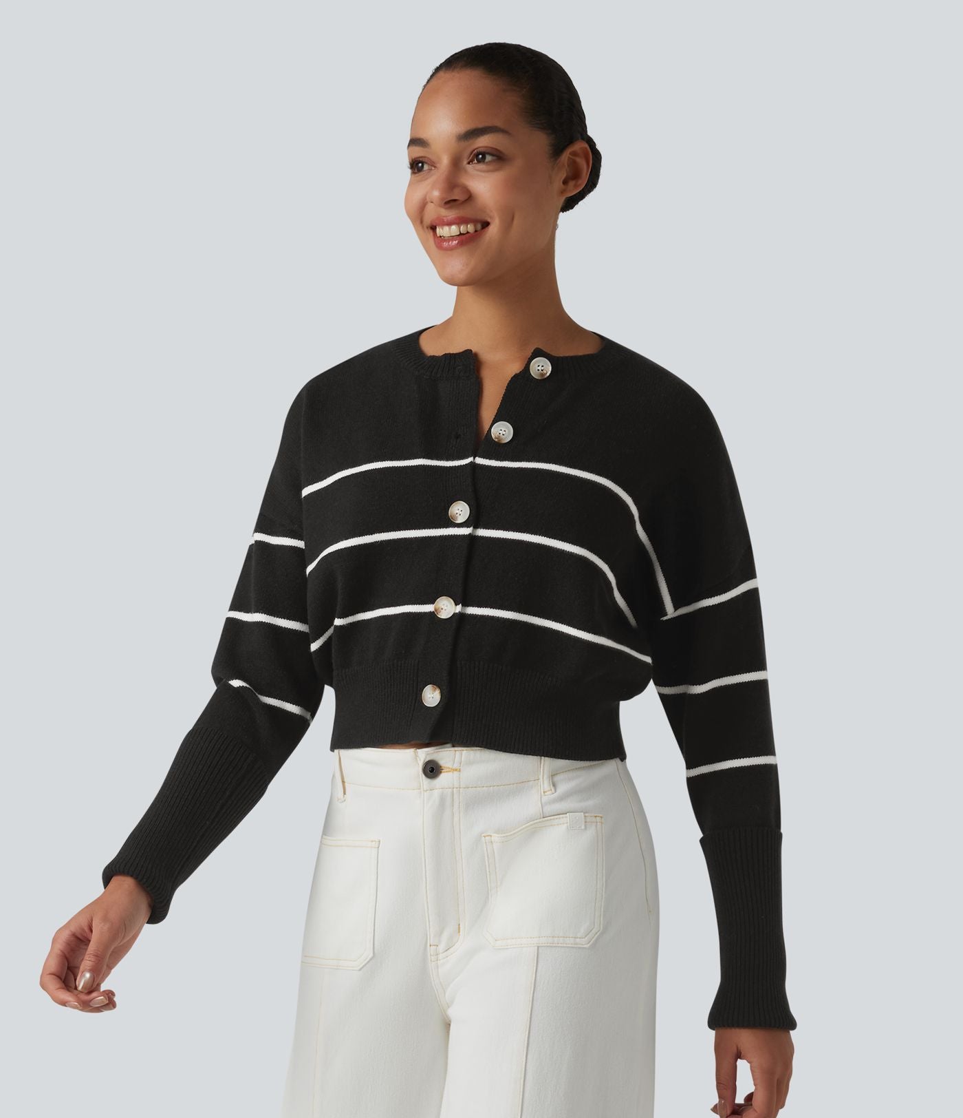 Cardigan casual col rond à manches longues à rayures