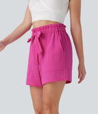 Short tailleur casual coton taille haute paper bag avec nœud devant et poches