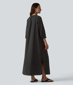 Robe midi casual à rayures aspect lin col V avec nœud, manches 3/4 fendues et poches