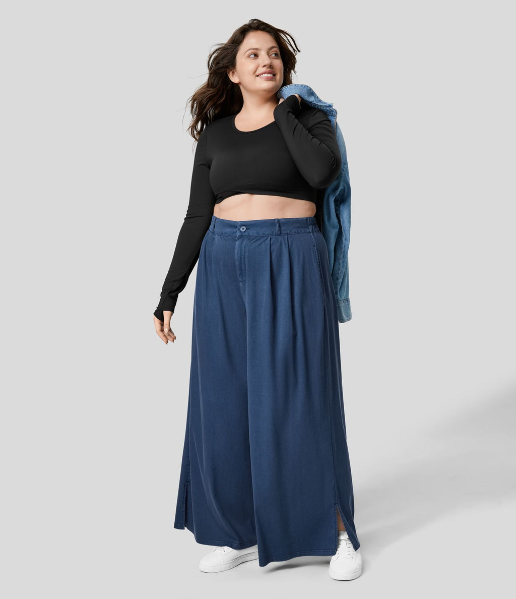 Pantalon Large Casual Taille Haute Boutonnés Fermeture Éclair Plissé Poches Latérales Ourlet Fendu Grande Taille