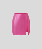 Softlyzero™ Jupe Soirée Mini à Effet Cuir Taille Haute Ourlet Fendu 2-en-1 Poche Côté Imprimé Métallisé Élastique Moulante