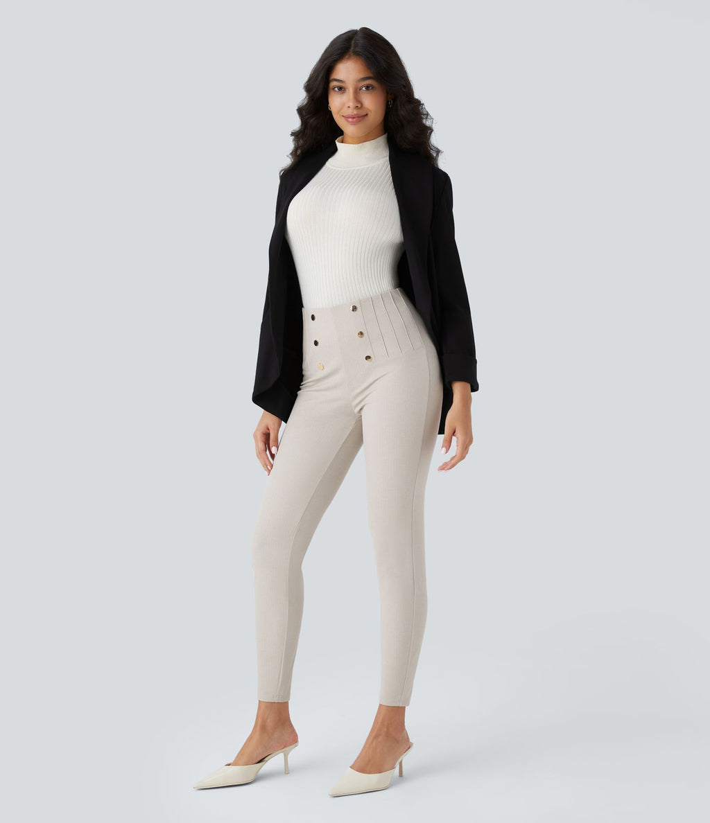 Pantalon tailleur skinny gainant taille haute à chevrons avec poches arrière zippées décoratives