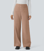 Pantalon Jogging en Fleece Thermique Jambe Droite Boutons Taille Haute Plusieurs Poches