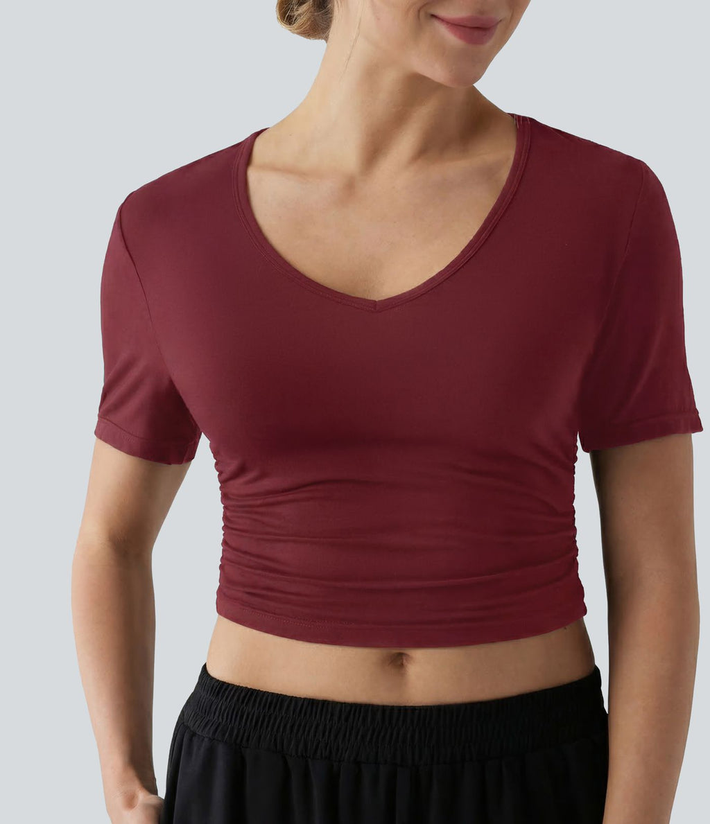 T-shirt décontracté col V manches courtes coupe courte