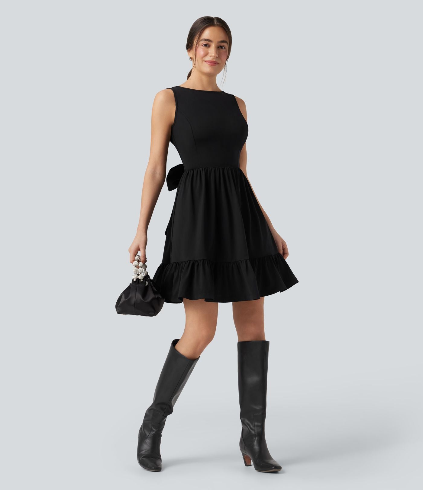 Robe mini col bateau dos échancré avec nœud