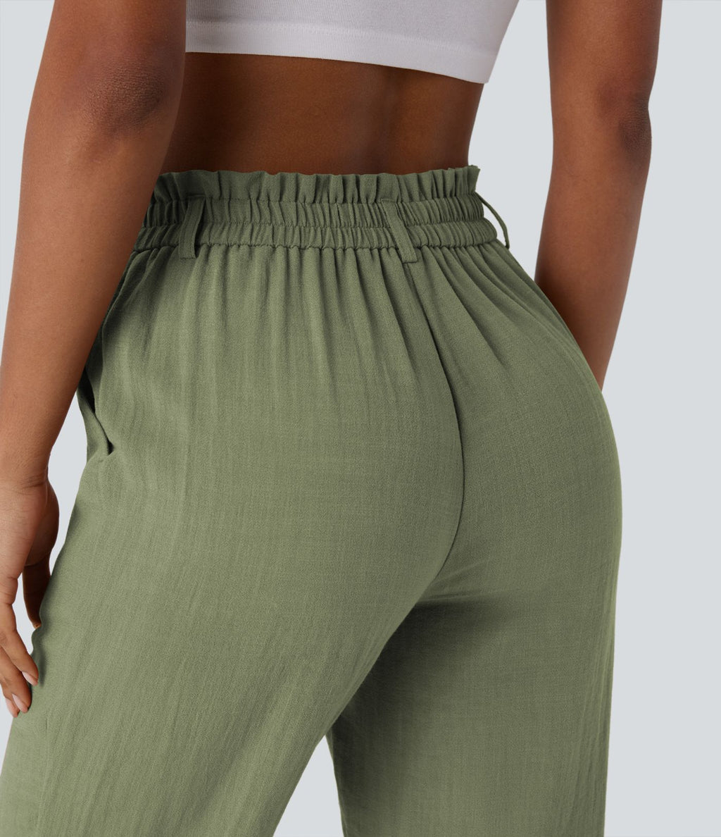 Pantalon capri effet lin taille haute avec poches zippées