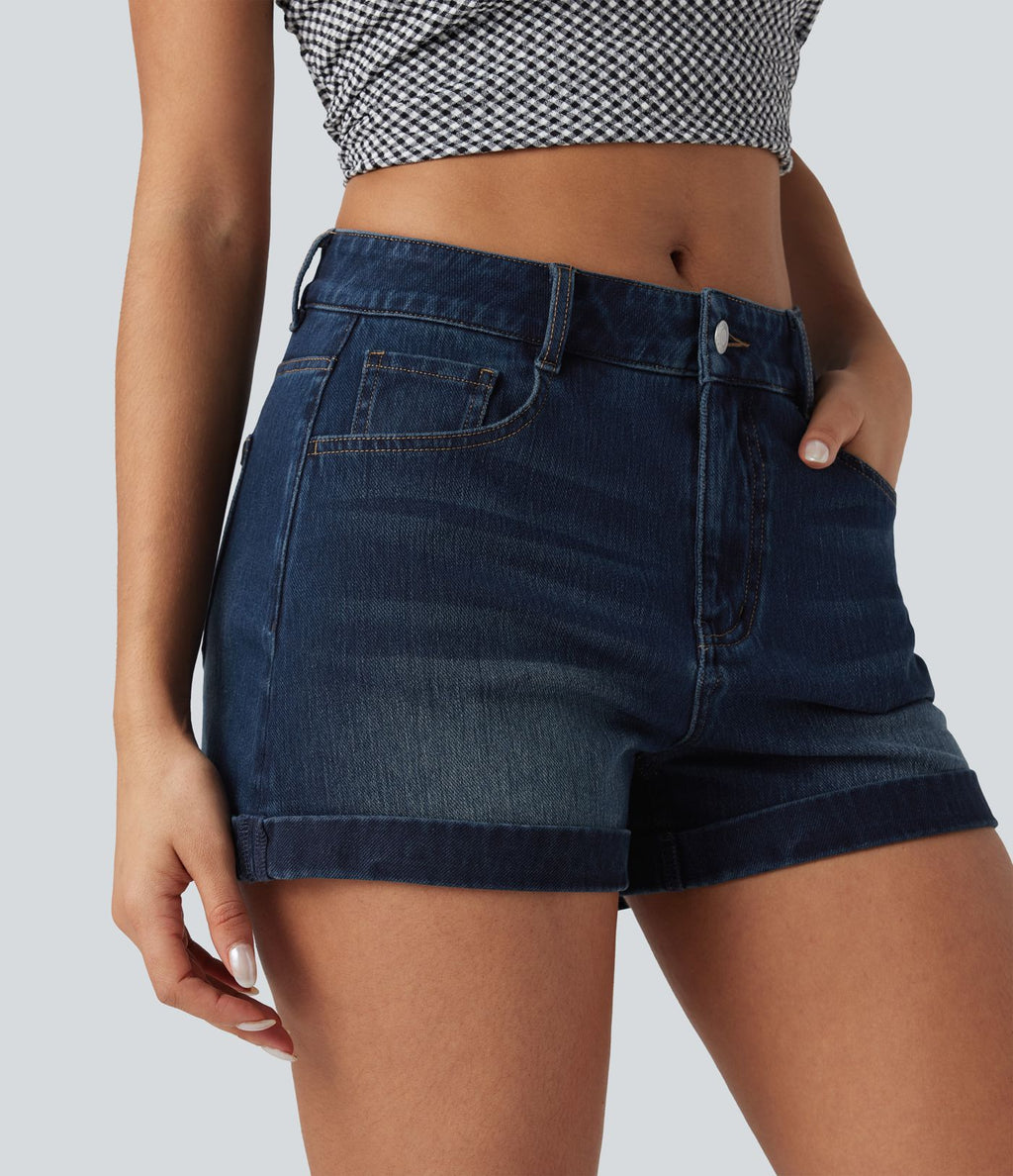 Short 7,5 cm décontracté en jean extensible Halara Flex™ taille moyenne avec boutons, zip et multiples poches