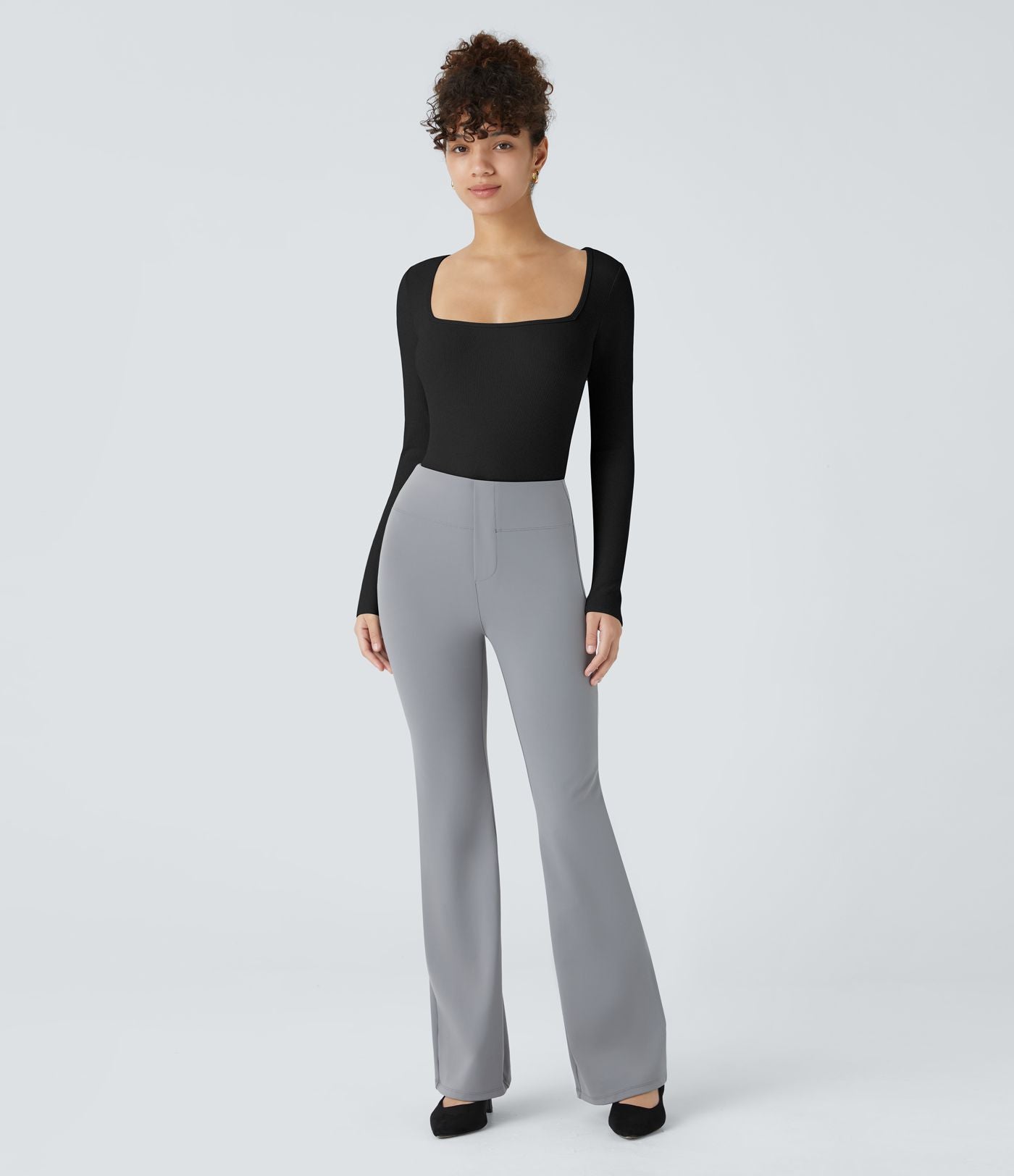 Bodysuit de Travail Tricot Côtelé Col Carré Manches Longues Boutonné Silhouette Élancée