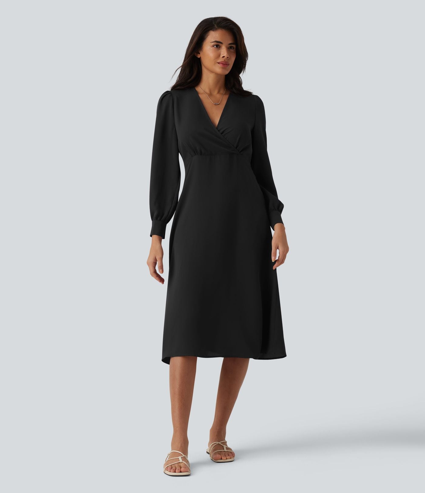 Robe casual midi col V à manches longues bouffantes