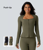 Veste yoga push-up zippée à manches longues avec passants pouces et ourlet à volants Halara UltraSculpt™