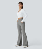 Pantalon Taille Haute Casual Évasés en Tricot Côtelé avec Poches Latérales et Croisé