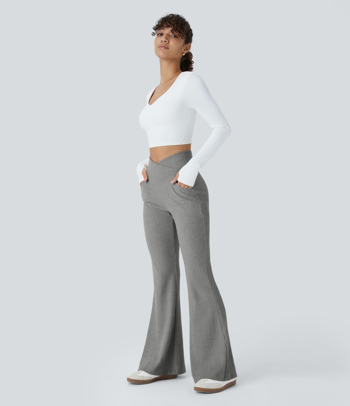 Pantalon Taille Haute Casual Évasés en Tricot Côtelé avec Poches Latérales et Croisé