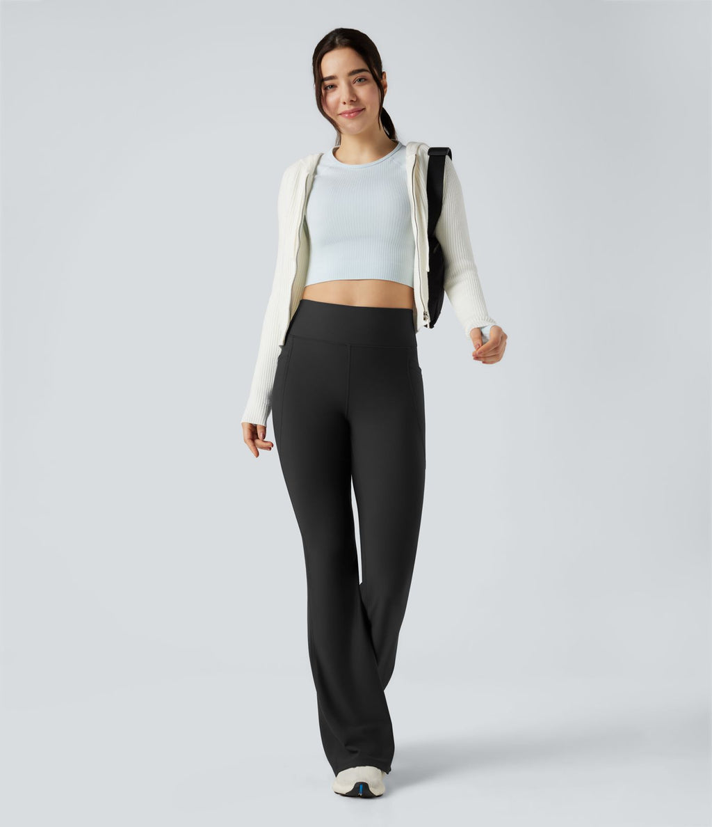 Pantalon de yoga évasé thermique en polaire froncée, taille haute, avec poches