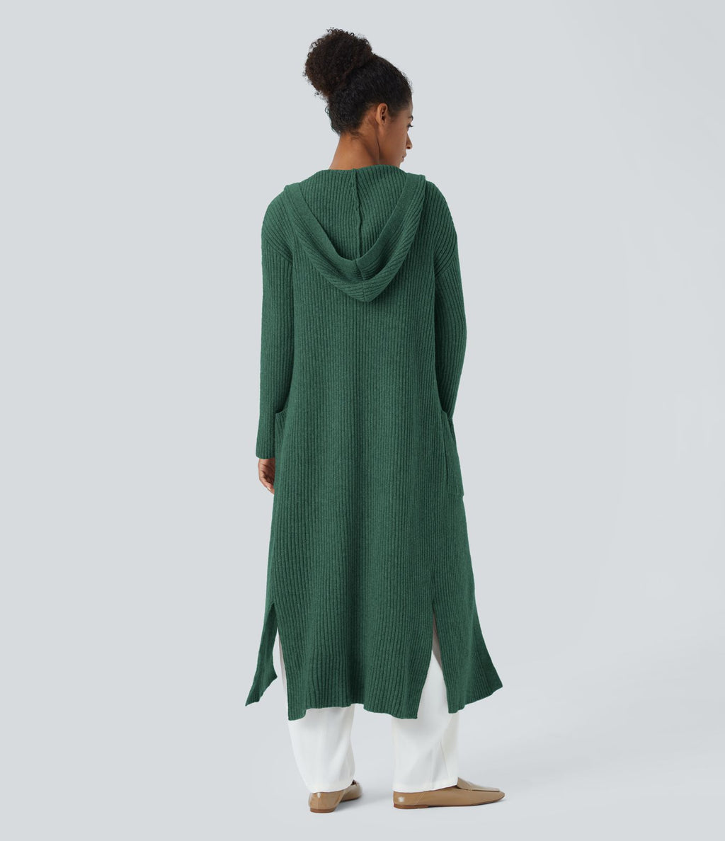 Cardigan long casual à capuche, manches longues et poches