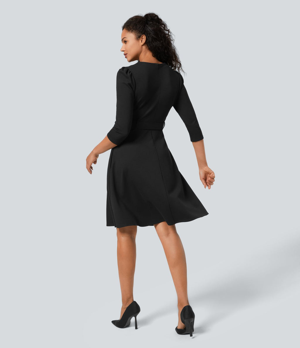 Robe de travail midi fit-and-flare ceinturée zippée col rond avec poches