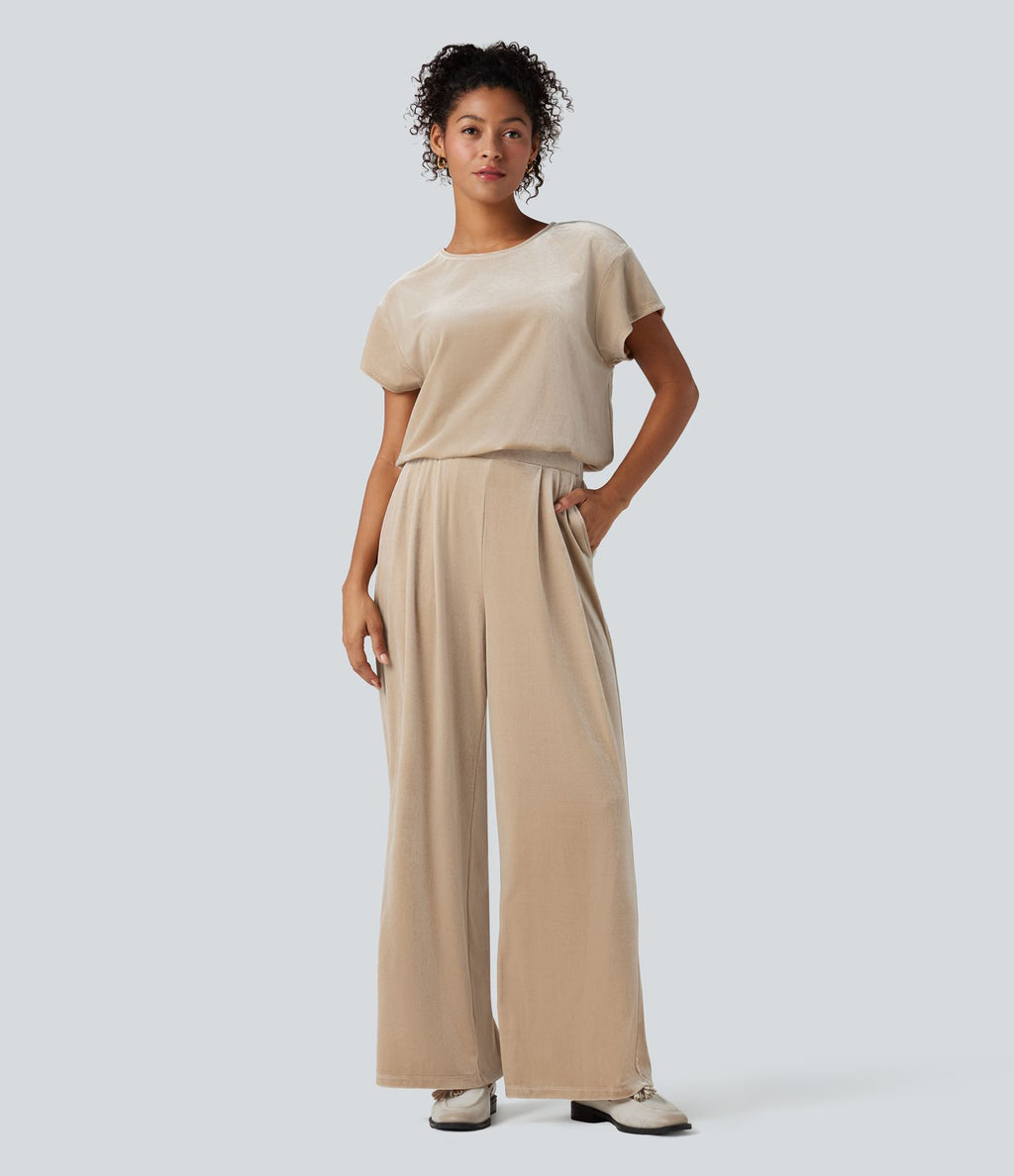 Combinaison tailleur velours col rond manches courtes avec poches