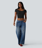 T-shirt crop décontracté côtelé dos nu à nouer avec soutien-gorge intégré manches courtes