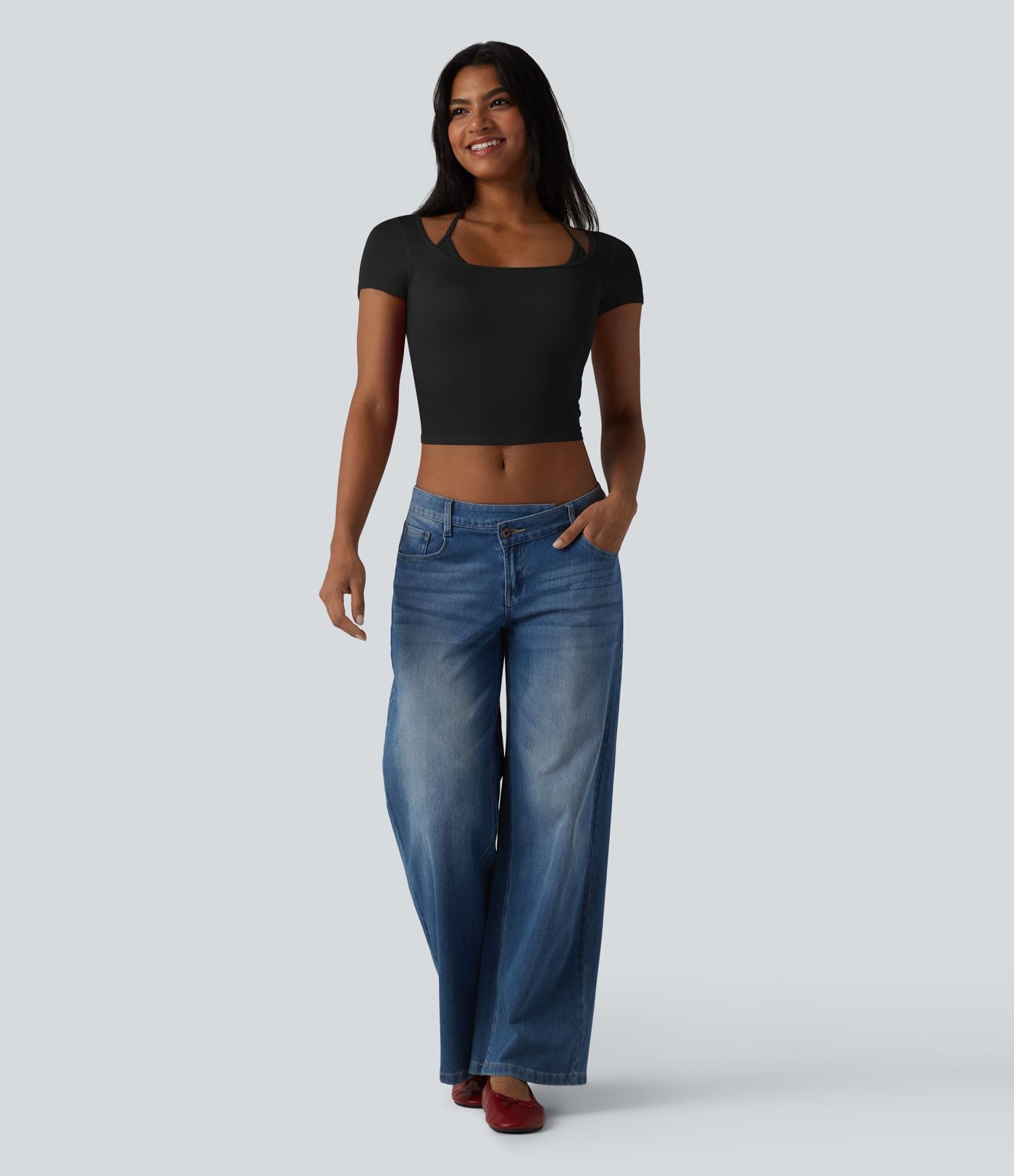 T-shirt crop décontracté côtelé dos nu à nouer avec soutien-gorge intégré manches courtes