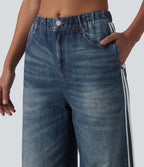Jean de survêtement décontracté à rayures en tissu éponge français imprimé denim taille mi-haute avec poches