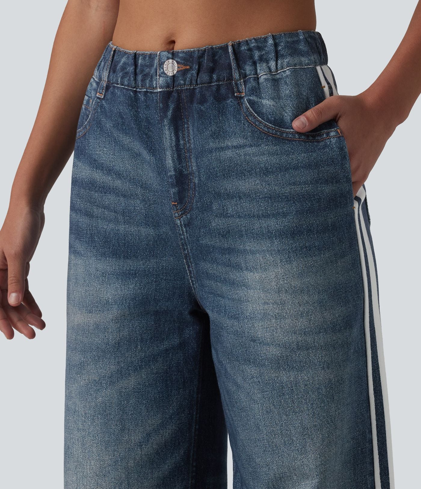 Jean de survêtement décontracté à rayures en tissu éponge français imprimé denim taille mi-haute avec poches