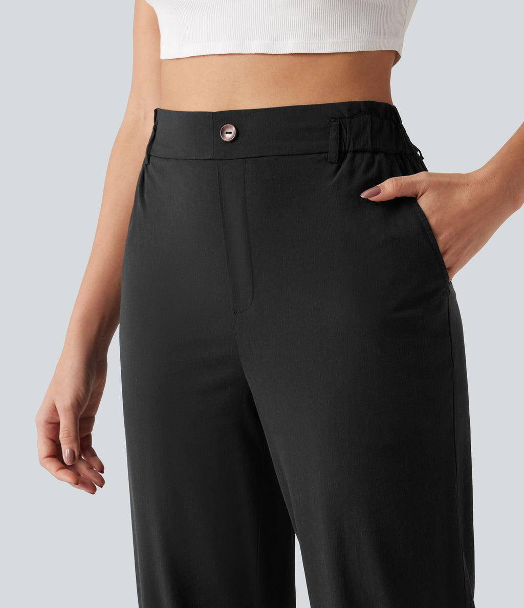 Pantalon jogging en lin stretch taille haute avec poches