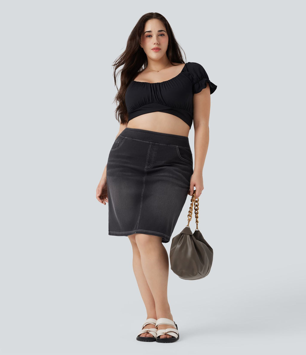 Jupe décontractée en denim délavé Halara Flex™ grande taille taille haute avec poches