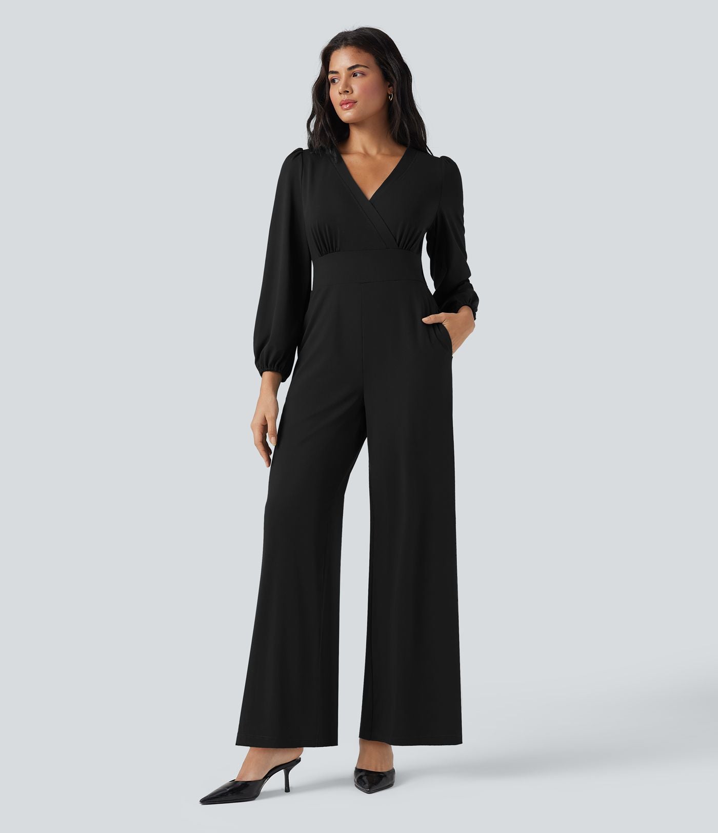 Combinaison tailleur à jambes larges, col V, manches longues, avec poches – Édition Easy Peasy