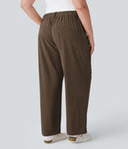 Pantalon Casual Grande Taille Velours Côtelé Taille Mi-haute Boutonnés Fermeture Éclair Poches Latérales
