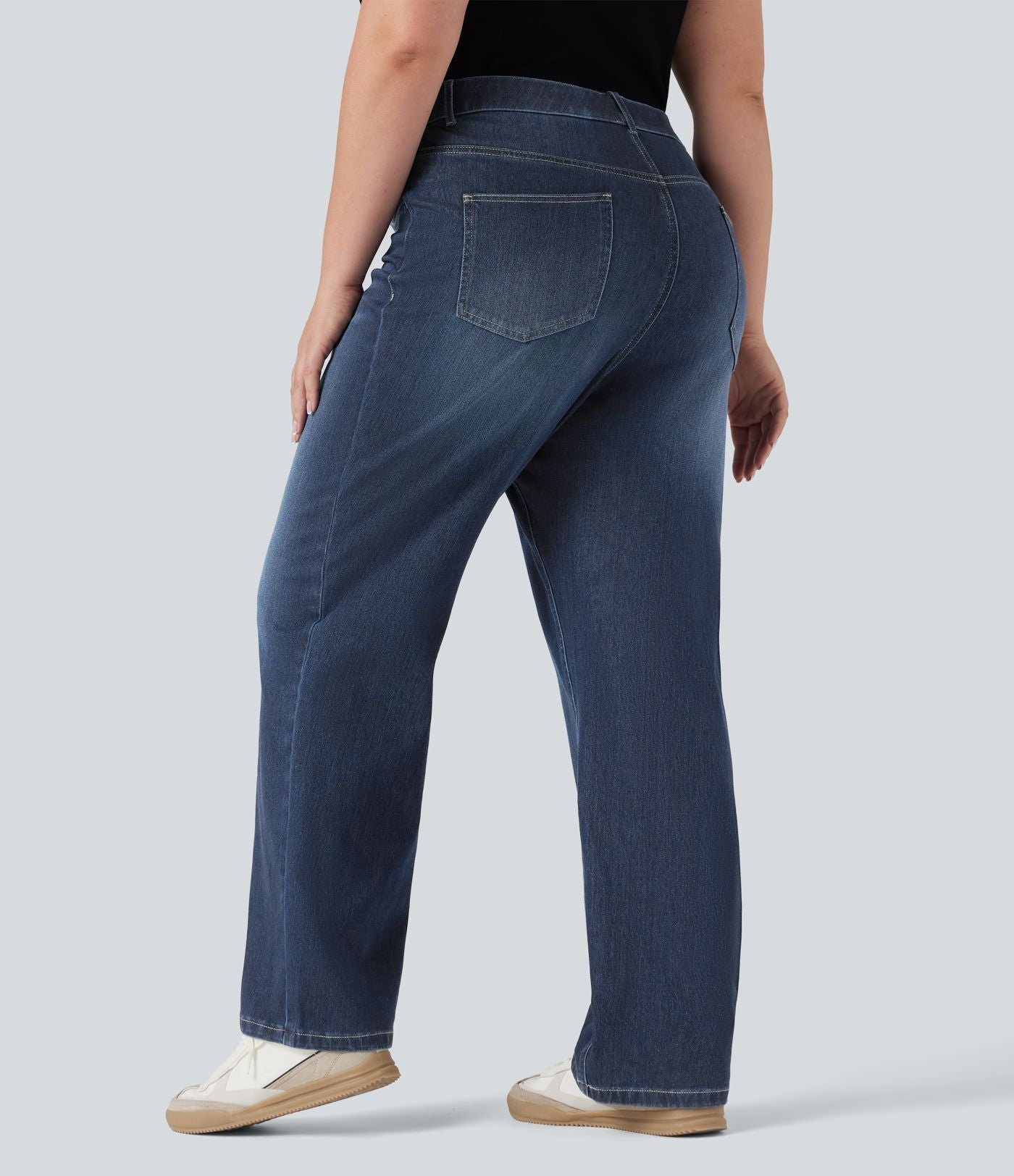 Jean droit décontracté délavé gainant taille haute grande taille avec poches Halara Flex™