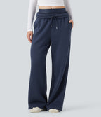Pantalon jogging en coton molleton large taille haute avec cordon et poches