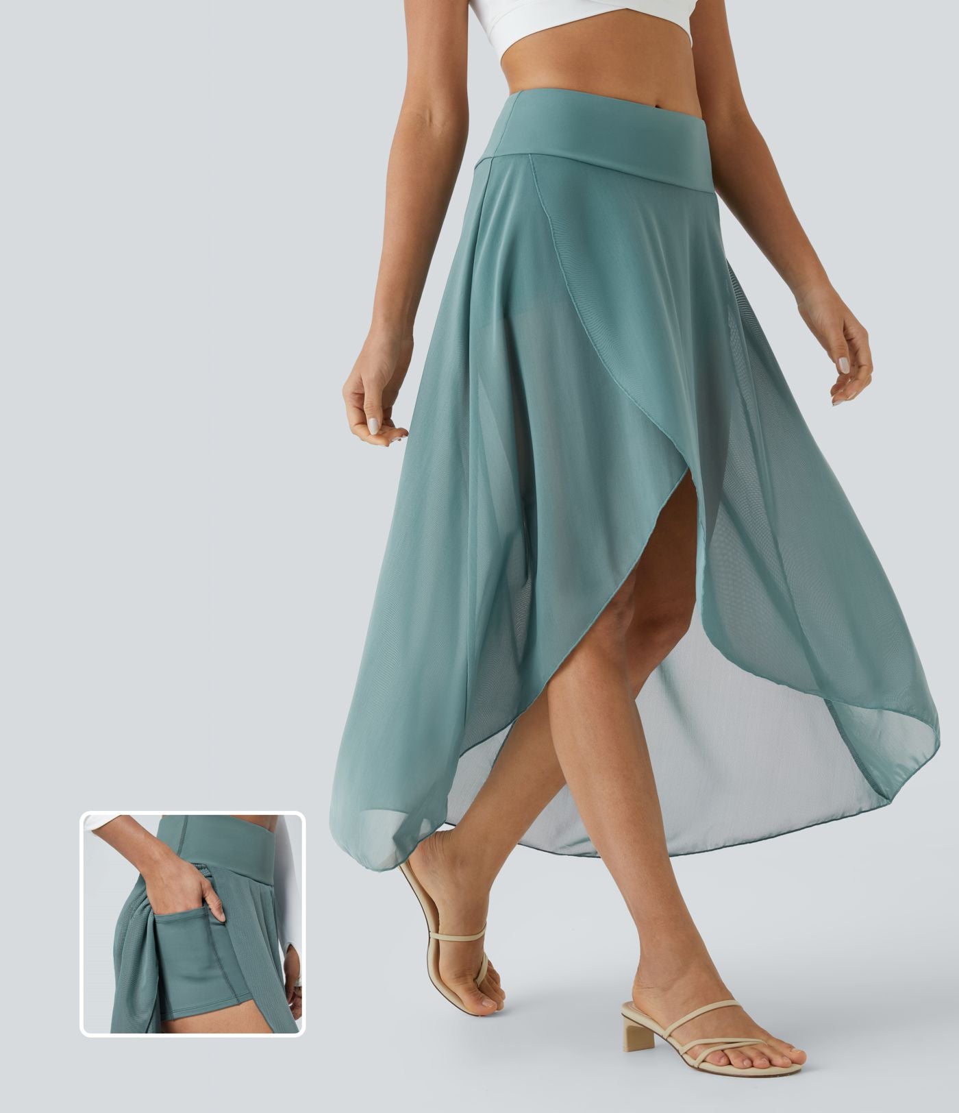 Jupe Longue Fluide Taille Haute à Volants 2 en 1 Poche Latérale Évasée en Mesh Casual Quotidien