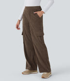 Pantalon cargo décontracté droit en velours côtelé, taille mi-haute, avec poches