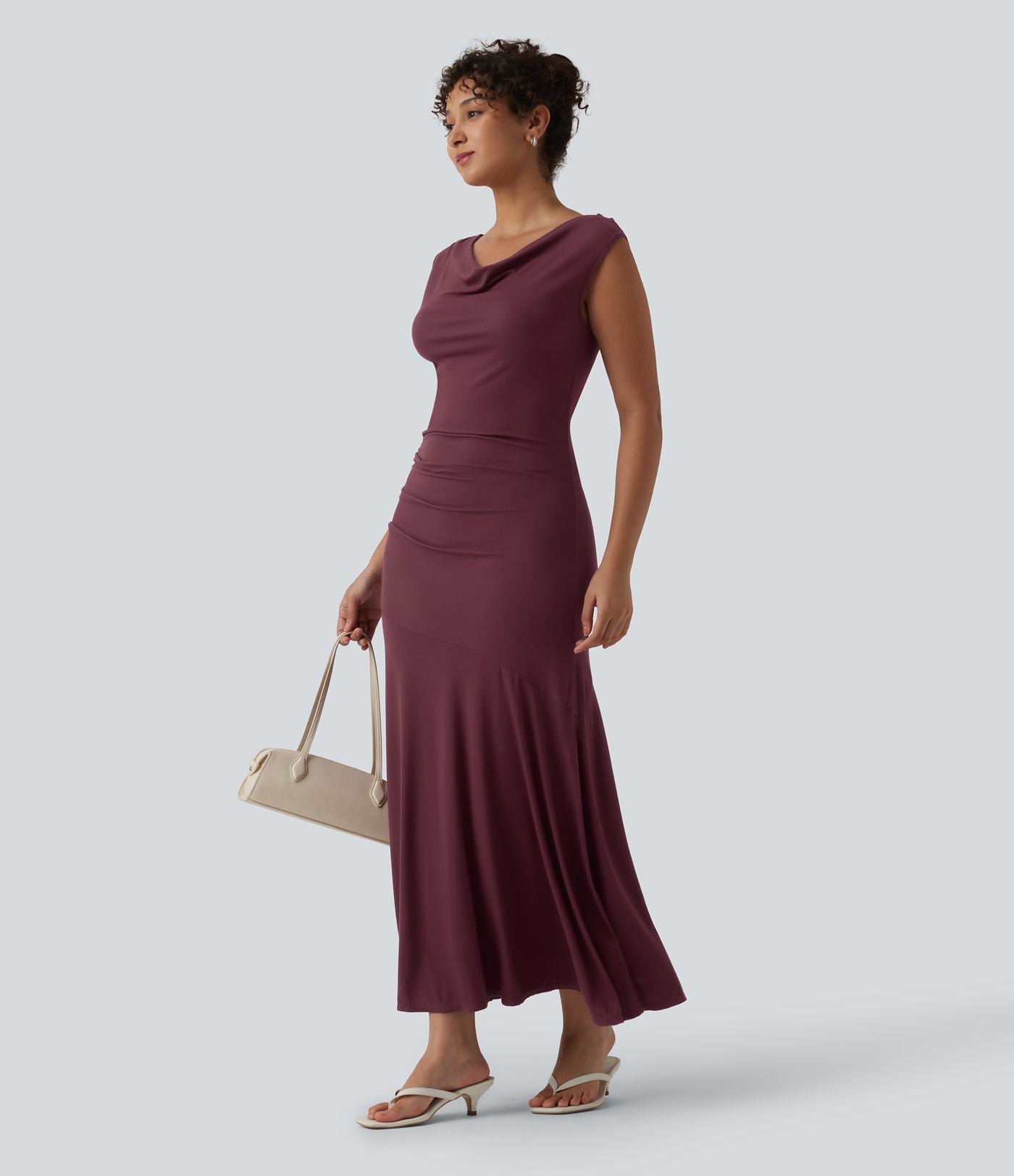 Robe décontractée maxi sans manches col drapé maille côtelée