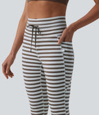 Legging yoga 7/8 taille haute à rayures et cordon de serrage avec poches